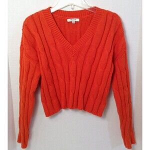 Madewell Cable Knit Sweater Wn M Orange V-Neck Crop Preppy Old Money Grannycore